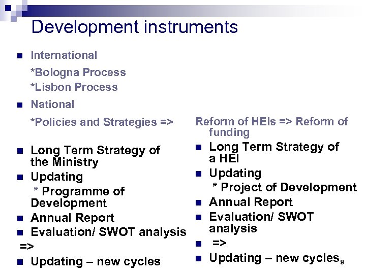 Development instruments n International *Bologna Process *Lisbon Process n National *Policies and Strategies =>