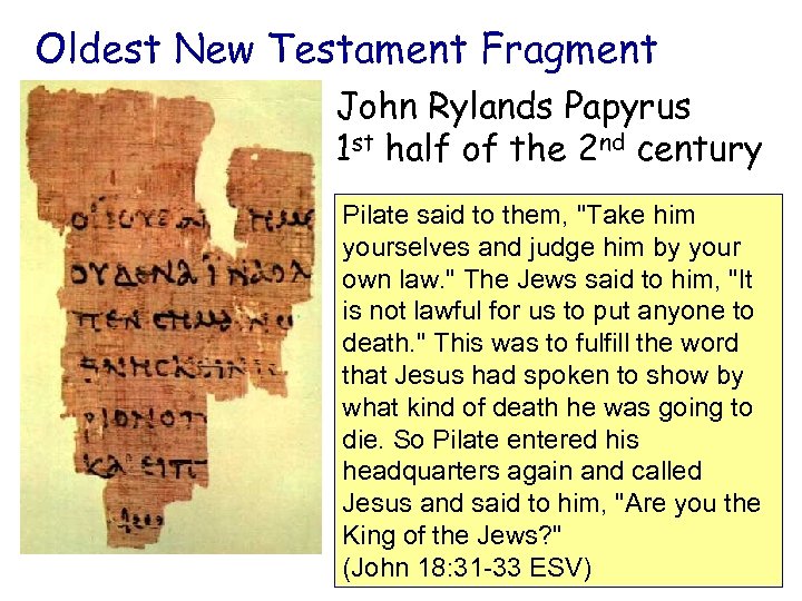 Oldest New Testament Fragment John Rylands Papyrus 1 st half of the 2 nd