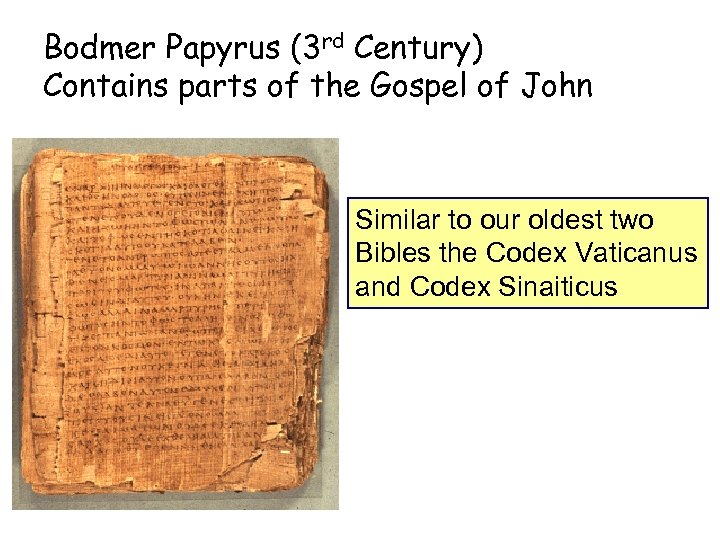 Bodmer Papyrus (3 rd Century) Contains parts of the Gospel of John Similar to