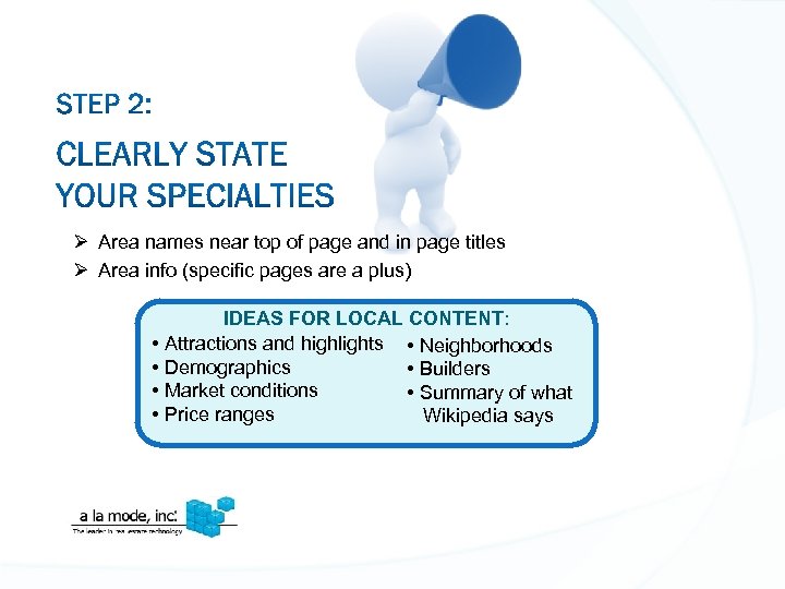 Ø Area names near top of page and in page titles Ø Area info