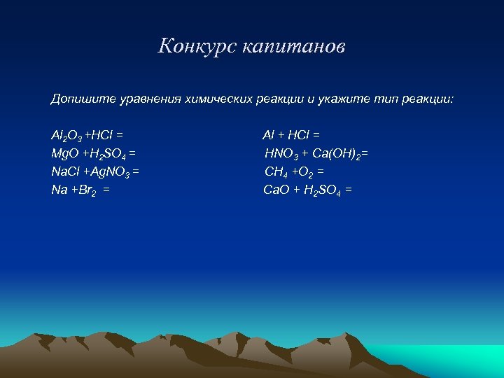 Конкурс капитанов Допишите уравнения химических реакции и укажите тип реакции: Al 2 O 3