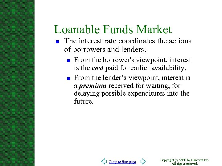 Loanable Funds Market n The interest rate coordinates the actions of borrowers and lenders.