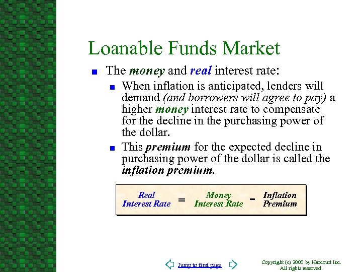Loanable Funds Market n The money and real interest rate: n n When inflation