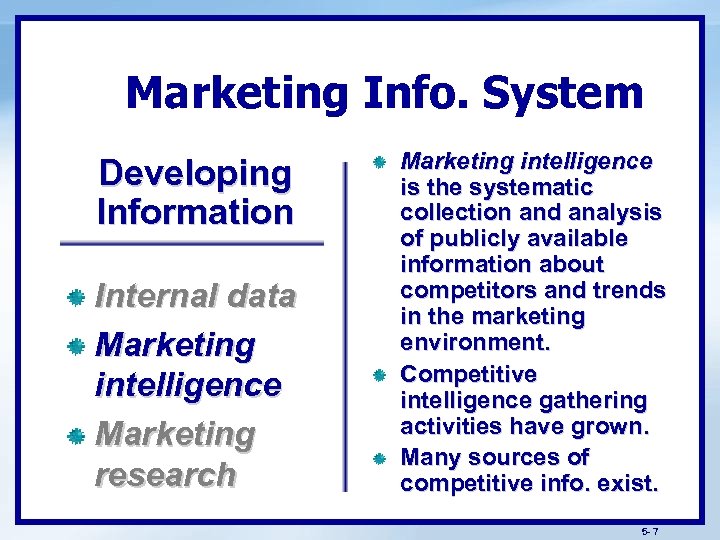 Marketing Info. System Developing Information Internal data Marketing intelligence Marketing research Marketing intelligence is