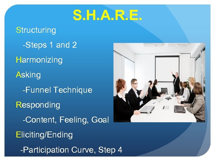 S. H. A. R. E. Structuring -Steps 1 and 2 Harmonizing Asking -Funnel Technique