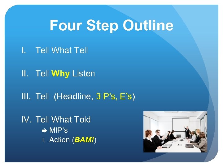 Four Step Outline I. Tell What Tell II. Tell Why Listen III. Tell (Headline,