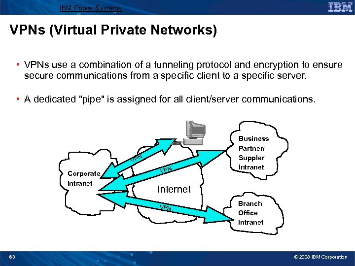 IBM Power Systems VPNs (Virtual Private Networks) • VPNs use a combination of a