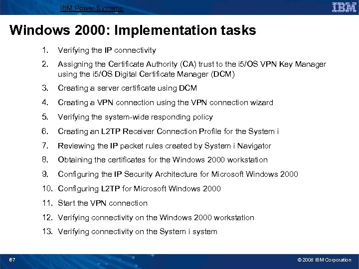 IBM Power Systems Windows 2000: Implementation tasks 1. Verifying the IP connectivity 2. Assigning