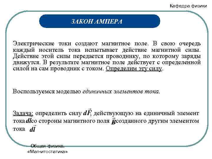 Кафедра физики ЗАКОН АМПЕРА Электрические токи создают магнитное поле. В свою очередь каждый носитель