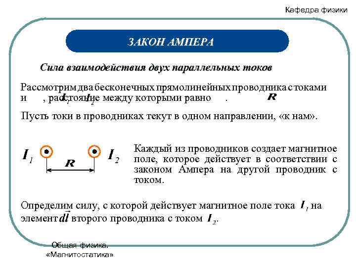 Кафедра физики ЗАКОН АМПЕРА Сила взаимодействия двух параллельных токов Рассмотрим два бесконечных прямолинейных проводника