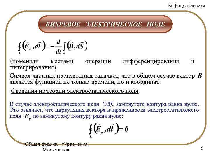 Кафедра физики ВИХРЕВОЕ ЭЛЕКТРИЧЕСКОЕ ПОЛЕ (поменяли местами операции дифференцирования и интегрирования). Символ частных производных