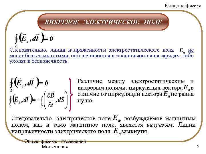 Кафедра физики ВИХРЕВОЕ ЭЛЕКТРИЧЕСКОЕ ПОЛЕ Следовательно, линии напряженности электростатического поля не могут быть замкнутыми,