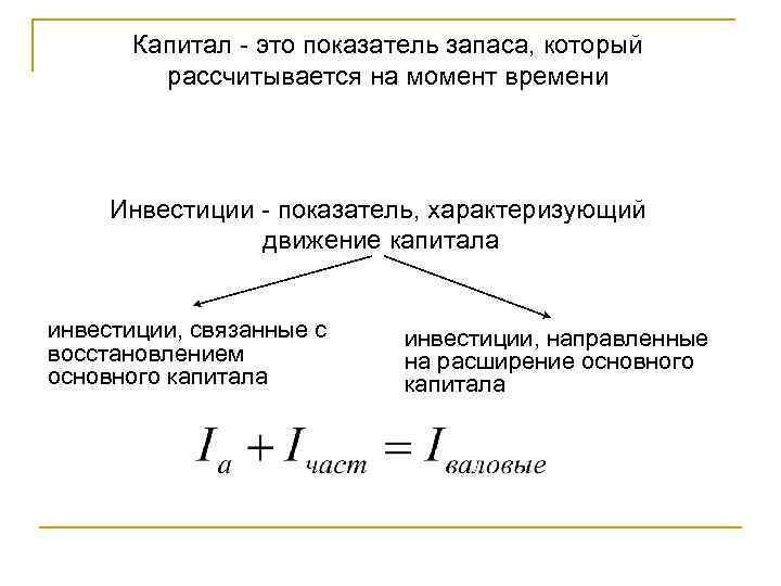 Капитал - это показатель запаса, который рассчитывается на момент времени Инвестиции - показатель, характеризующий