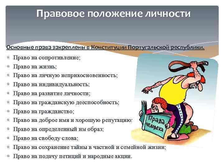 Правовое положение личности Основные права закреплены в Конституции Португальской республики. Право на сопротивление; Право