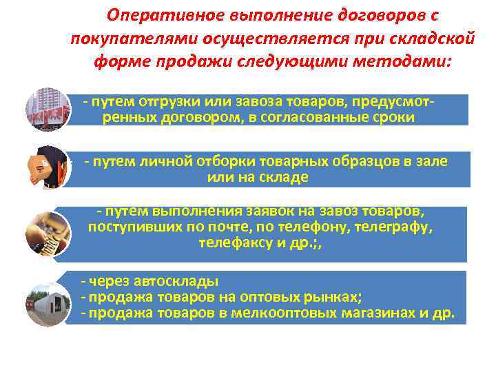 Оперативное выполнение договоров с покупателями осуществляется при складской форме продажи следующими методами: - путем