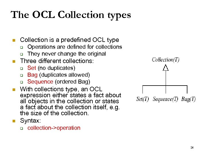 The OCL Collection types n Collection is a predefined OCL type q q n