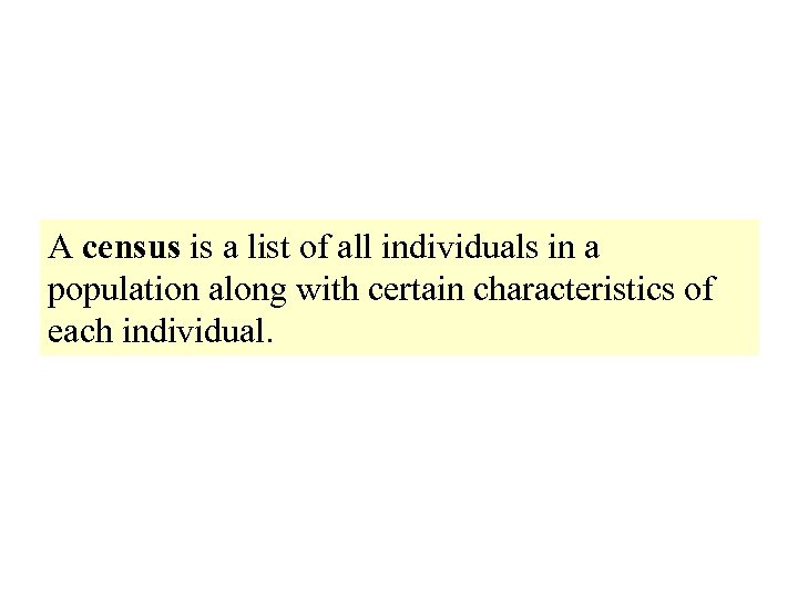 A census is a list of all individuals in a population along with certain