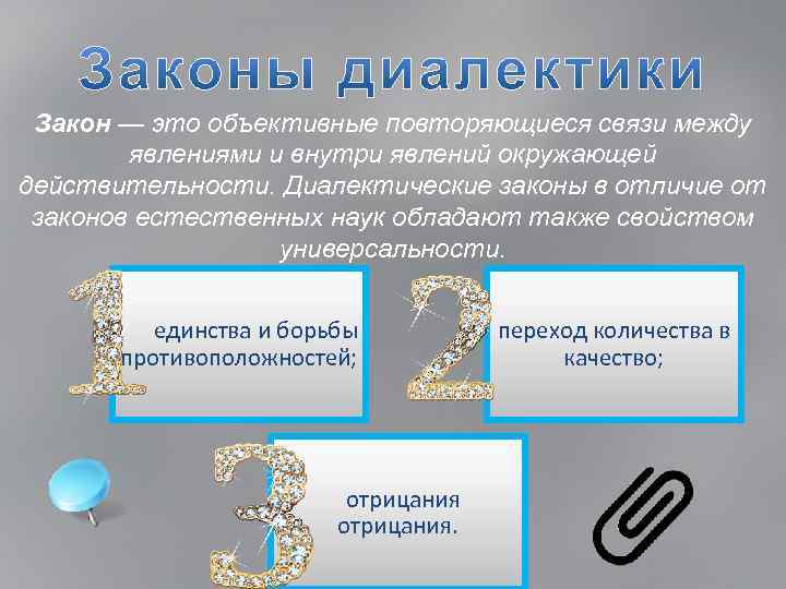 Закон — это объективные повторяющиеся связи между явлениями и внутри явлений окружающей действительности. Диалектические