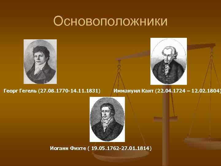 Основоположники Георг Гегель (27. 08. 1770 -14. 11. 1831) Иммануил Кант (22. 04. 1724