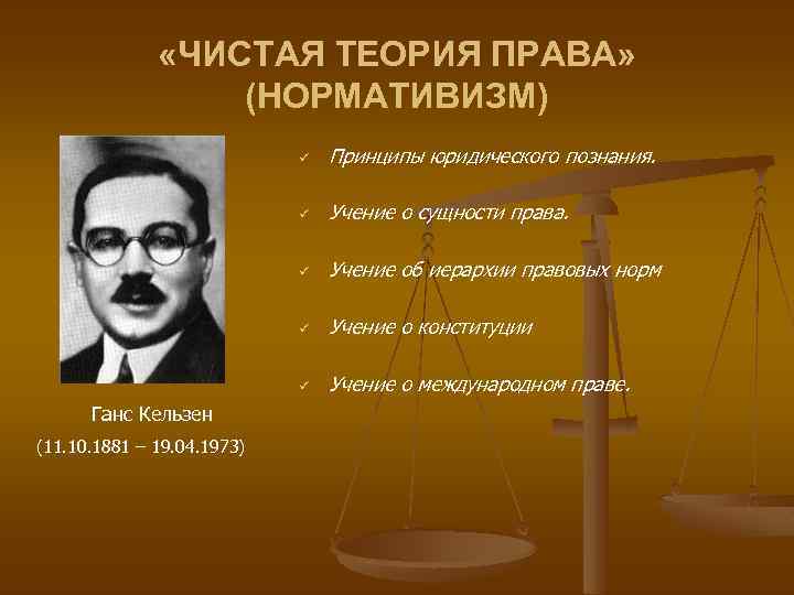  «ЧИСТАЯ ТЕОРИЯ ПРАВА» (НОРМАТИВИЗМ) ü ü Учение об иерархии правовых норм ü Учение