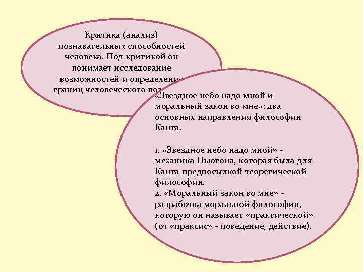Критика (анализ) познавательных способностей человека. Под критикой он понимает исследование возможностей и определение границ