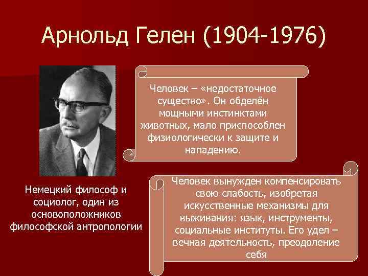 Арнольд Гелен (1904 -1976) Человек – «недостаточное существо» . Он обделён мощными инстинктами животных,