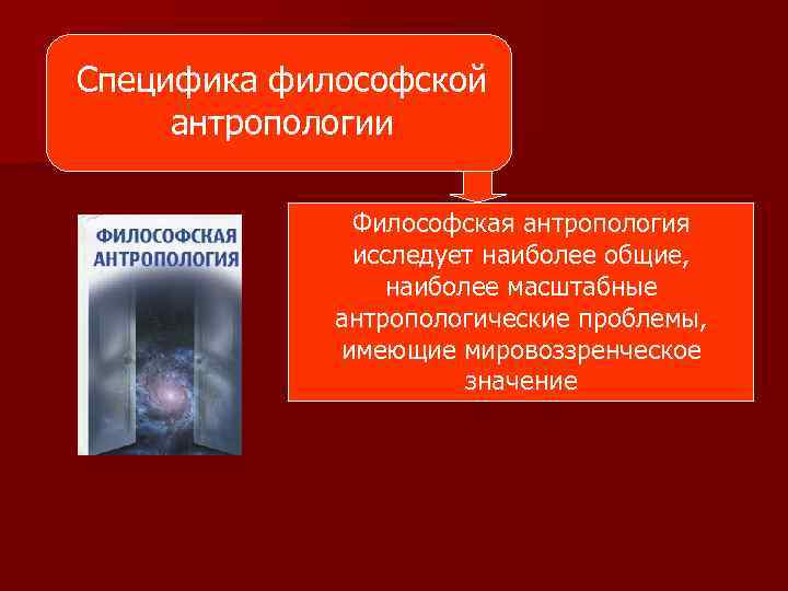 Специфика философской антропологии Философская антропология исследует наиболее общие, наиболее масштабные антропологические проблемы, имеющие мировоззренческое