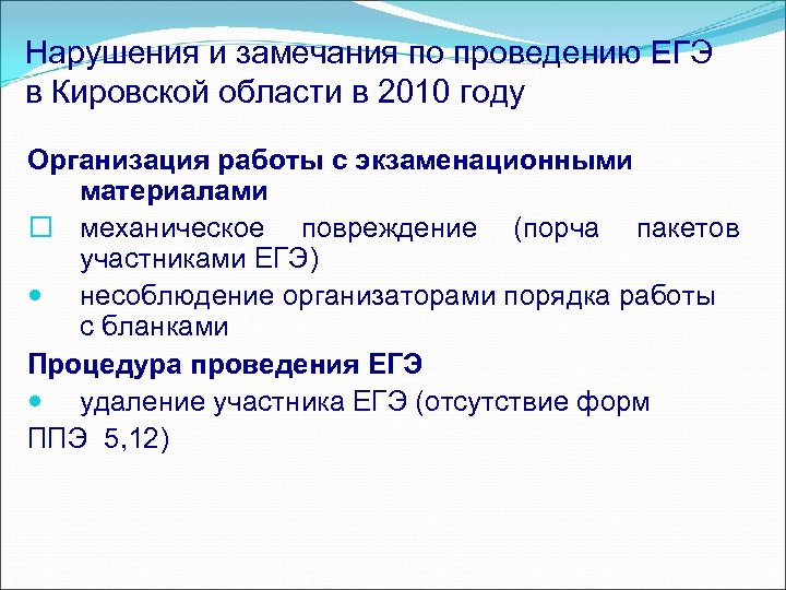 Нарушения и замечания по проведению ЕГЭ в Кировской области в 2010 году Организация работы