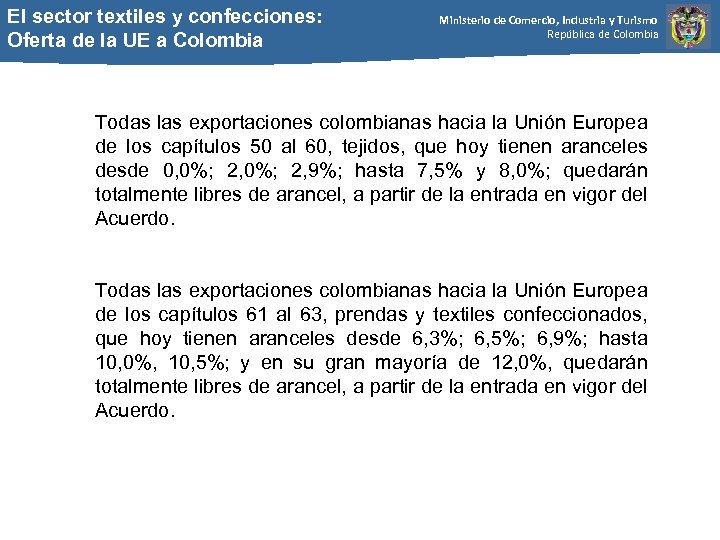 El sector textiles y confecciones: Oferta de la UE a Colombia Ministerio de Comercio,