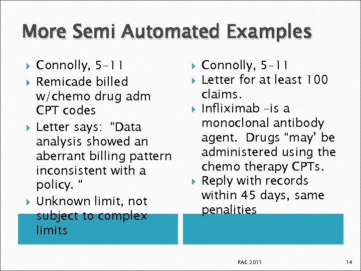 More Semi Automated Examples Connolly, 5 -11 Remicade billed w/chemo drug adm CPT codes