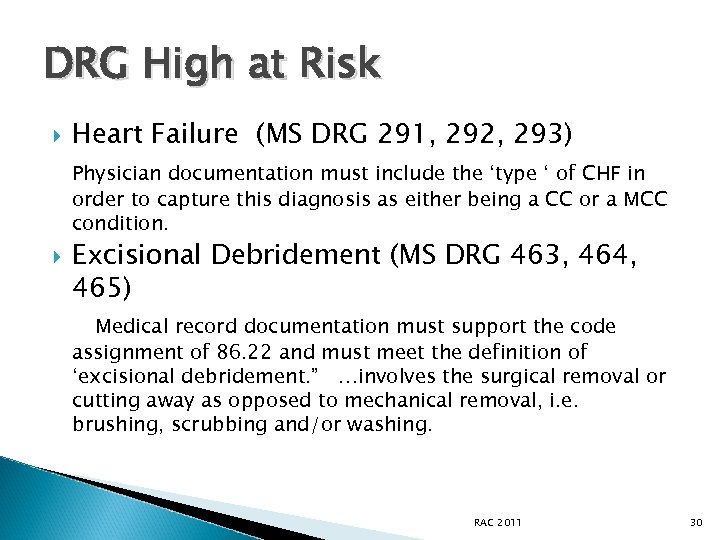 DRG High at Risk Heart Failure (MS DRG 291, 292, 293) Physician documentation must
