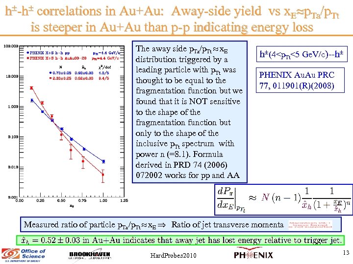 h -h correlations in Au+Au: Away-side yield vs x. E p. Ta/p. Tt is