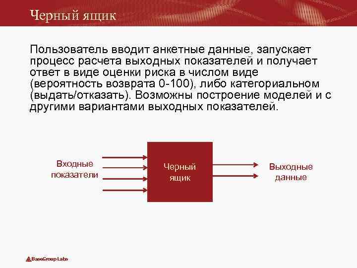 Черный ящик Пользователь вводит анкетные данные, запускает процесс расчета выходных показателей и получает ответ