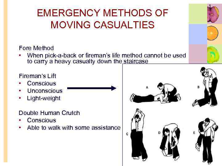 EMERGENCY METHODS OF MOVING CASUALTIES Fore Method • When pick-a-back or fireman’s life method