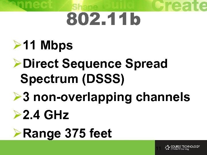 802. 11 b Ø 11 Mbps ØDirect Sequence Spread Spectrum (DSSS) Ø 3 non-overlapping