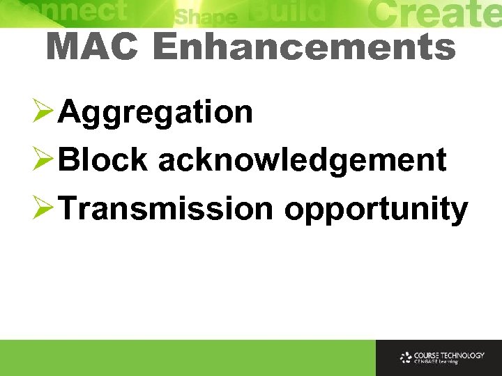 MAC Enhancements ØAggregation ØBlock acknowledgement ØTransmission opportunity 