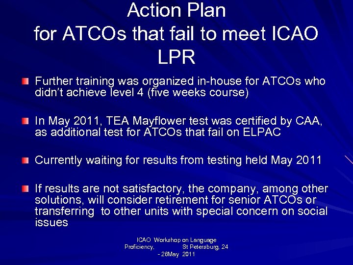 Action Plan for ATCOs that fail to meet ICAO LPR Further training was organized