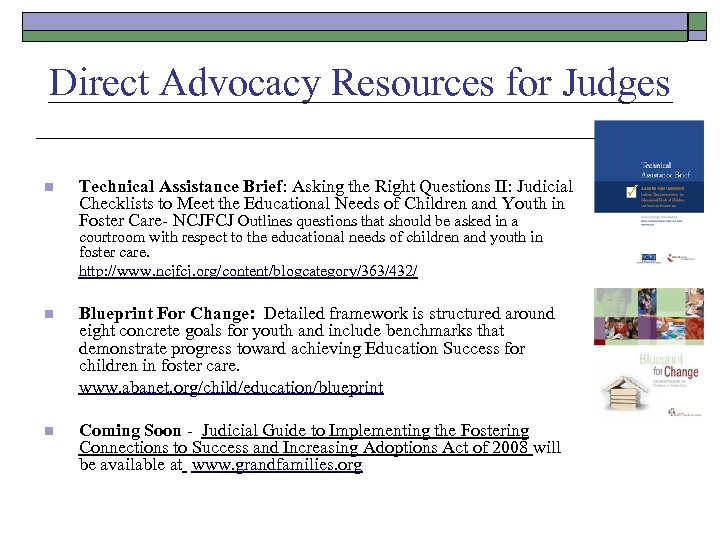 Direct Advocacy Resources for Judges n Technical Assistance Brief: Asking the Right Questions II: