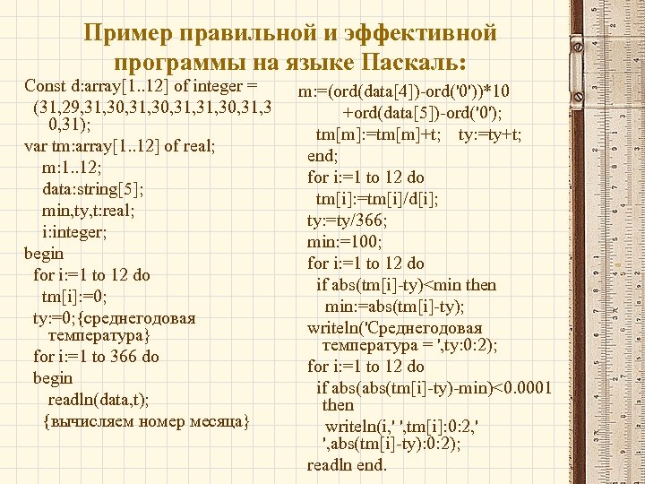 Пример правильной и эффективной программы на языке Паскаль: Const d: array[1. . 12] of