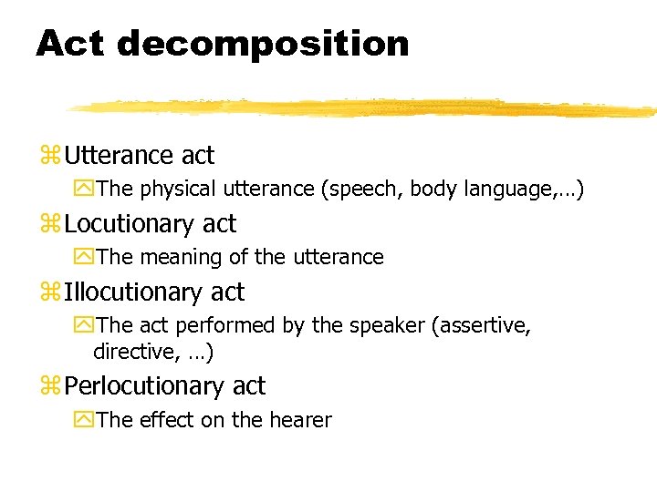 Act decomposition z Utterance act y. The physical utterance (speech, body language, …) z