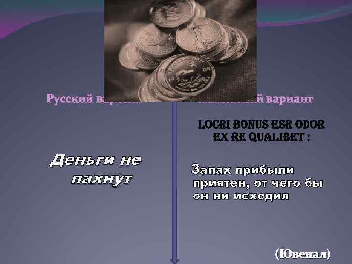 . Русский вариант Латинский вариант locri bonus esr odor ex re qualibet : Деньги