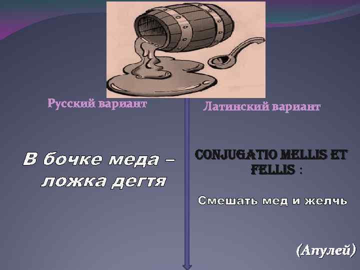 . Русский вариант В бочке меда – ложка дегтя Латинский вариант conjugatio mellis et