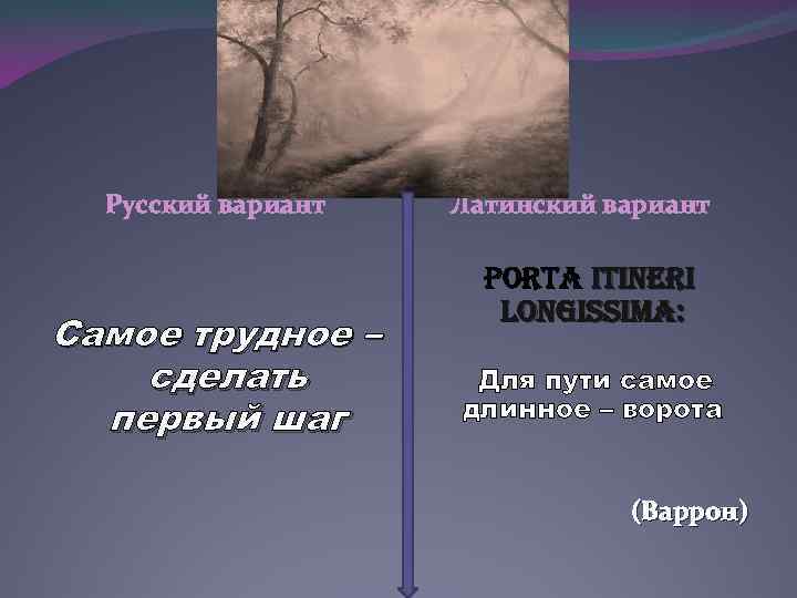 . Русский вариант Самое трудное – сделать первый шаг Латинский вариант porta itineri longissima: