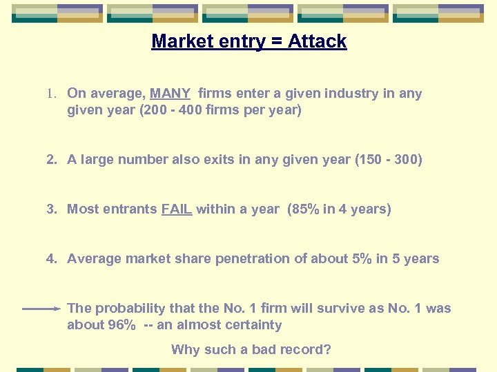 Market entry = Attack 1. On average, MANY firms enter a given industry in