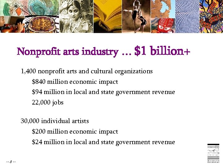 Nonprofit arts industry … $1 billion+ 1, 400 nonprofit arts and cultural organizations $840