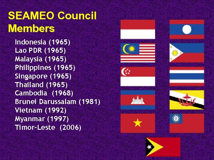 SEAMEO Council Members Indonesia (1965) Lao PDR (1965) Malaysia (1965) Philippines (1965) Singapore (1965)