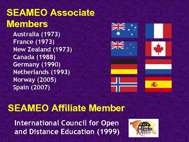 SEAMEO Associate Members Australia (1973) France (1973) New Zealand (1973) Canada (1988) Germany (1990)