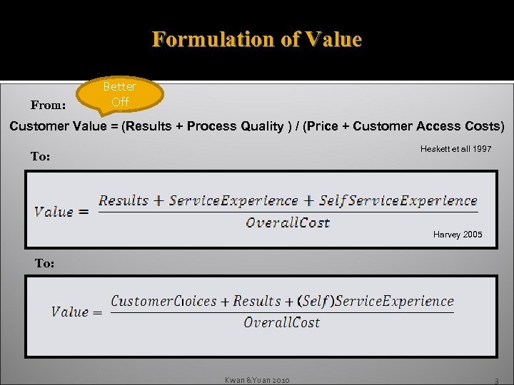 Formulation of Value From: Better Off Customer Value = (Results + Process Quality )