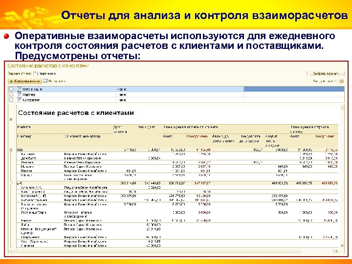 Отчеты для анализа и контроля взаиморасчетов Оперативные взаиморасчеты используются для ежедневного контроля состояния расчетов