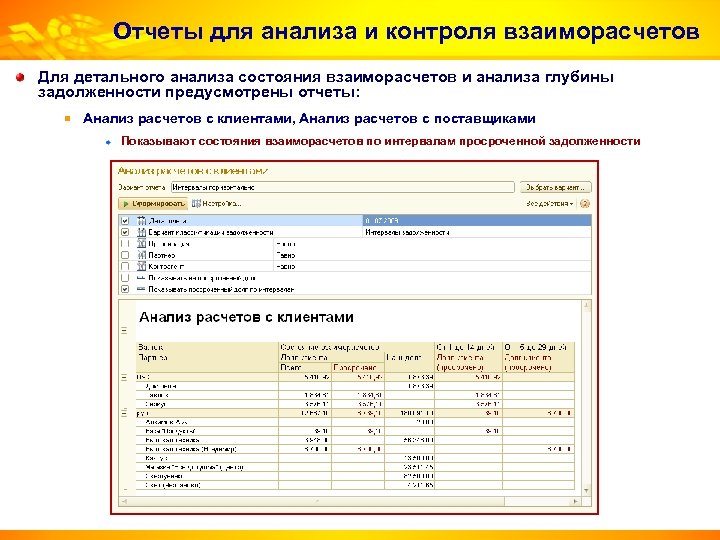 Отчеты для анализа и контроля взаиморасчетов Для детального анализа состояния взаиморасчетов и анализа глубины